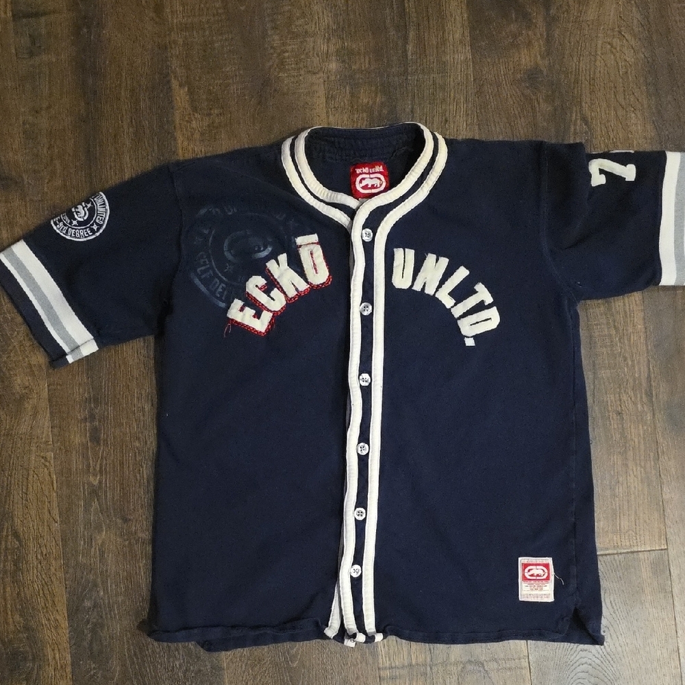 Ecko Unlimited Navy and White Button-Up Jersey Shirt